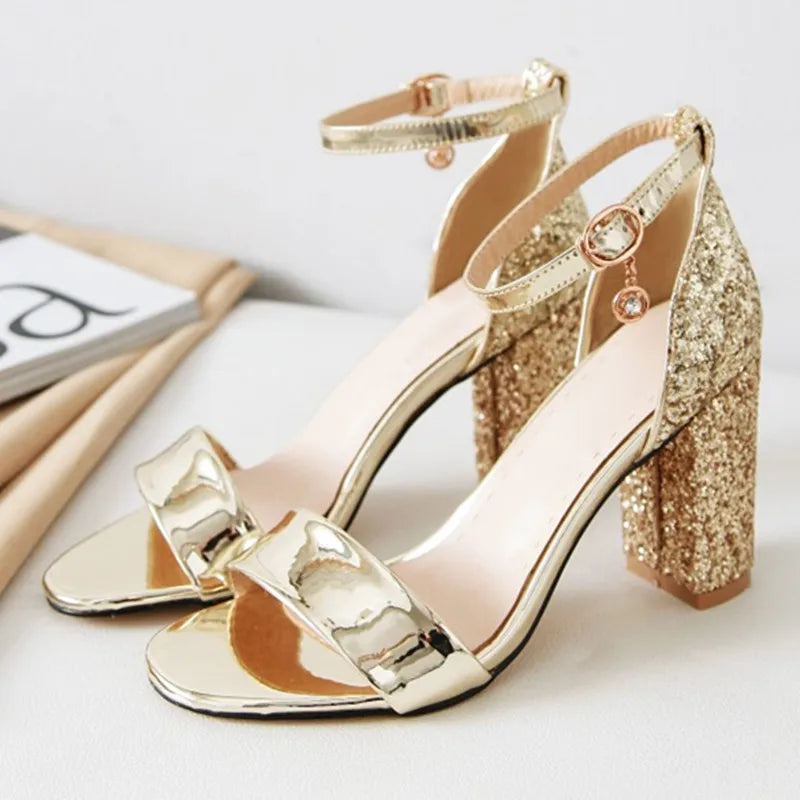 Luxury Silver Gold Summer Sandals for Women Elegant Block High Heels Flip Flop Sequined Party Wedding Shoes Ladies Large Size 45