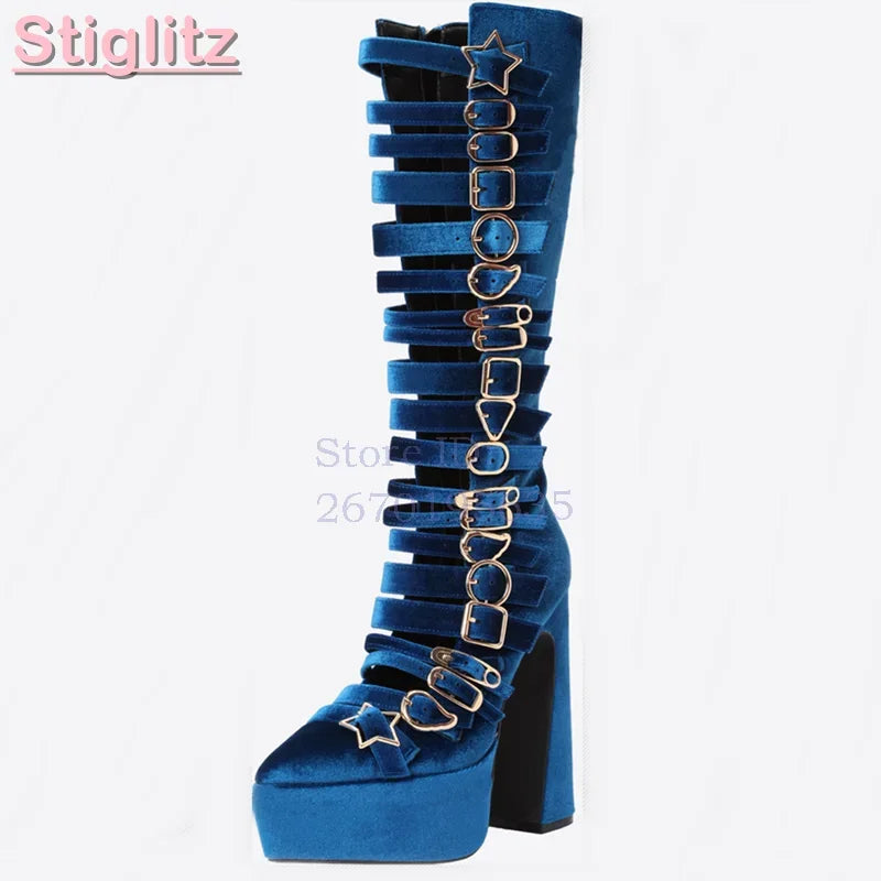 Blue Velvet Irregular Buckle Knee-high Boots Pointed  Toe Side Zipper Chunky High Heels Boots 2026 Summer New Women Punk Shoes