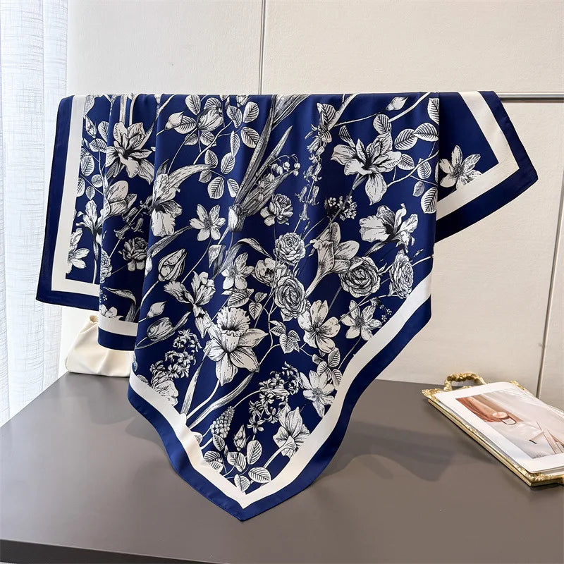 2026 Luxury Brand Square Scarf Design Shawl Wrap 90cm Print Twill Silk Women Hijab Female Foulard Headband Bandana