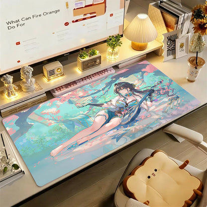 Gaming Mouse Pad,Large Extended Desk Mat,Anti-slip Rubber Base,Stitched Edges,Chinese Blue Outfit Twin Plum Anime Girls