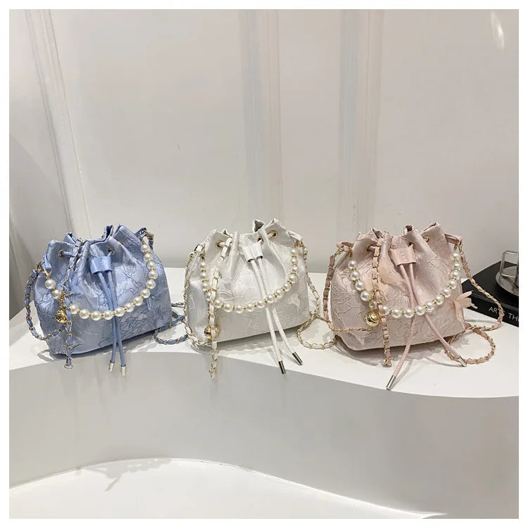 Sweet Butterfly Women Drawstring Bucket Shoulder Bags Versatile Ladies Crossbody Bag Clutch Fashion Girls Pearl Chain Handbags