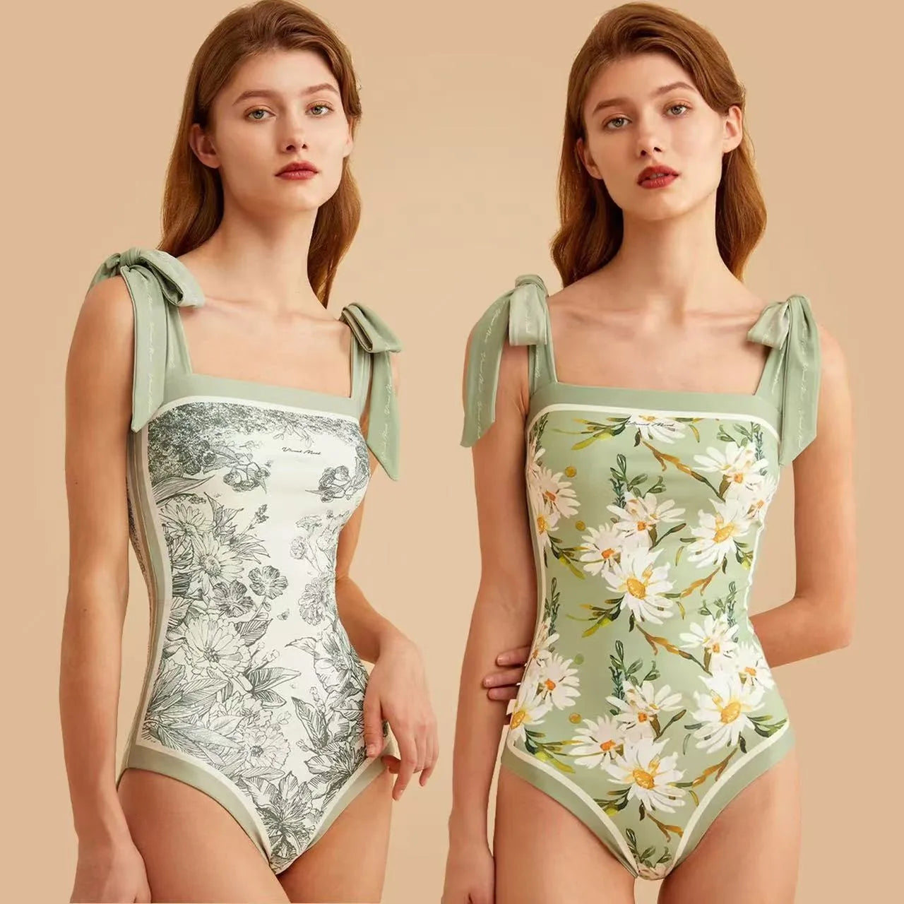 Women's Retro Double Sided Print Sweetheart Neck Tie Back Sleeveless One Piece Swimsuit Tankini Tankinis Dames Tankini Woman