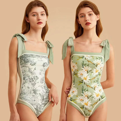 Women's Retro Double Sided Print Sweetheart Neck Tie Back Sleeveless One Piece Swimsuit Tankini Tankinis Dames Tankini Woman