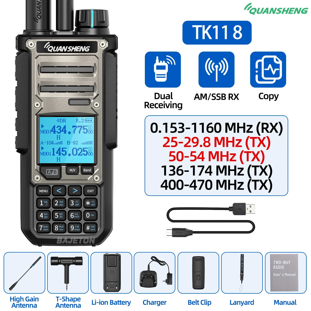Quansheng TK11 8 Walkie Talkie 10W Dual Receiving PTT AM SSB 27MHz CB CW LSB LW MW SW Type-C NOAA for UV-K5 8 Ham Radio TK-11 5
