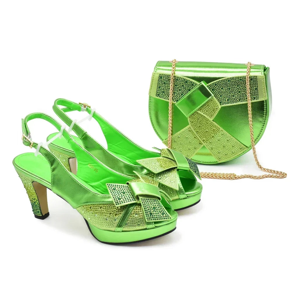 New Fashion Coffee Shoe and Bag Set for Party in Women Rhinestone Heeled Shoes for Women Ladies Party Shoes with Matching Bag