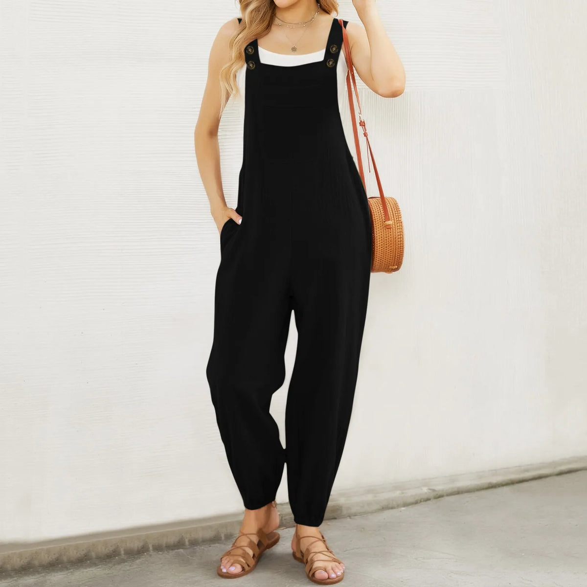 Women'S Sleeveless Overalls Jumpsuit Casual Solid Color Summer Wide Leg Bib Pants Bottons Jumpsuits Rompers With Pockets