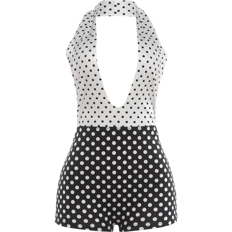 SiSterlinda Chic Backless Halter Playsuit Woman Polka Dots Print Patchwork Skinny 2026 Summer Street Sexy Skinny Stretch Rompers