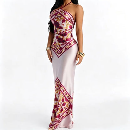 Y2K Hot Girl Tie Halter Satin Mermaid Maxi Dress Floral Scarf Print Backless Bodycon Vacation Women Slip Summer Evening Dresses