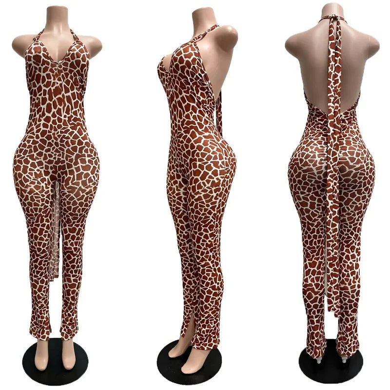 Doyerl Leopard Print Women's Jumpsuits and Rompers Sleeveless Halter V-neck Backless Ruched Skinny Club Party One Piece Overalls