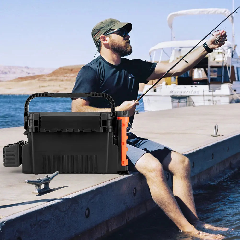 2 Tier Fishing Tackle Box Fishing Gear Box with Cup & Rod Holder Fishing Gear Carry Case Fishing Tool Box Fishing Accessories