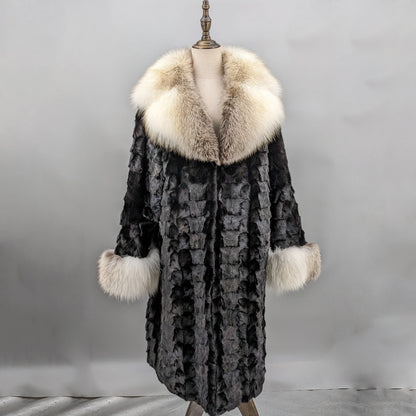long mink fur black coat with big furry fox fur collar and cuffs overcoat length 95 cm 241205