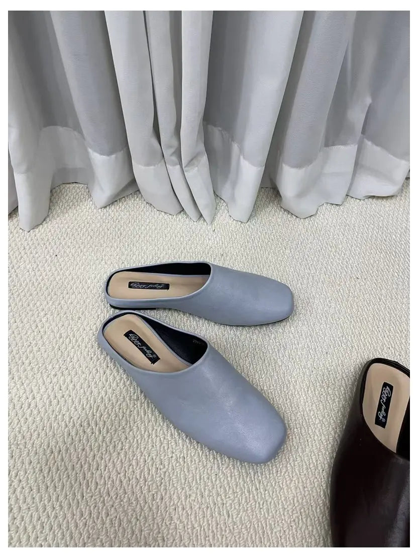 Fashion Square Toe Flat Slippers Women Casual Slip On Mule Luxury Brand Outsides Slides Elegant Pleated Ladies Shoes Sandal Flip
