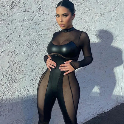 Black Mesh Sheer Bodycon Jumpsuit for Women 2024 Sexy Clubbing Outfits Gothic Punk Black One Piece Techwear C70-EC27