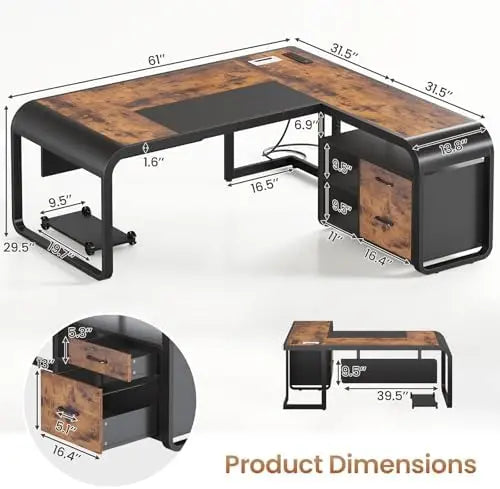 61" Executive L Shaped Desk with Drawer for Home Office,Rustic Brown | Executive Desk with Storage Shelves,Office Desk