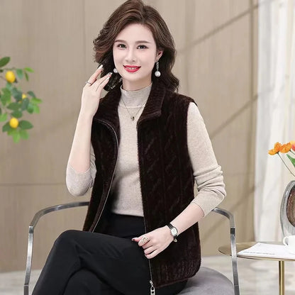 2025 Autumn Winter Zipper Middle Aged Mother Women's Mink Fur Vest Coat Fashion Sleeveless Doll Collar Lady Waistcoat Jacket