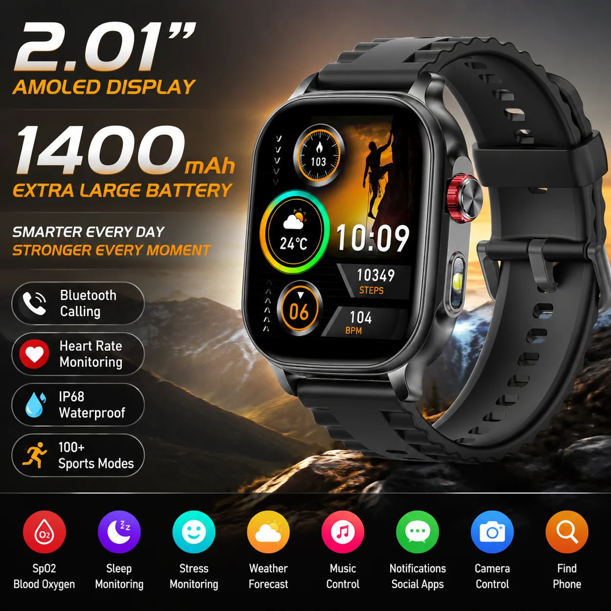LIGE Militray 1400mAh Large Battery Smart Watch For Men 2.01 inch HD Screen 100+Sports Mode Bluetooth Call Men Women Smartwatch