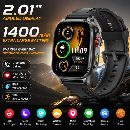 LIGE Militray 1400mAh Large Battery Smart Watch For Men 2.01 inch HD Screen 100+Sports Mode Bluetooth Call Men Women Smartwatch