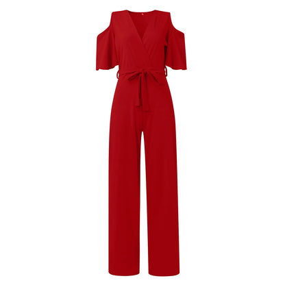 Jumpsuit Summer Pure Color Women Sexy Deep V Neck Short Sleeve Rompers Fashion Slim Fit Lace Up Elegant Female Wide Leg Jumpsuit