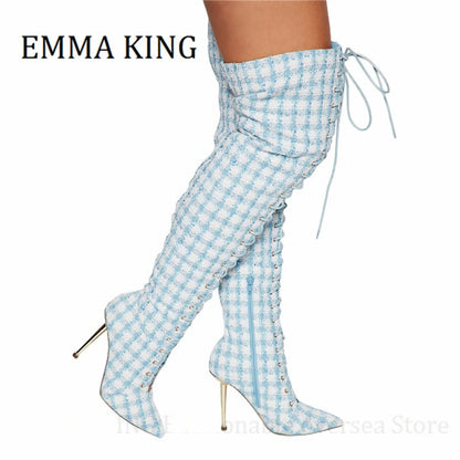 Women Plaid Lace Up Boots Sexy Pointy Toe Stiletto Heel Long Boots Ladies Fashion Footwear Non- Stretch Fabric Botas De Mujer 44