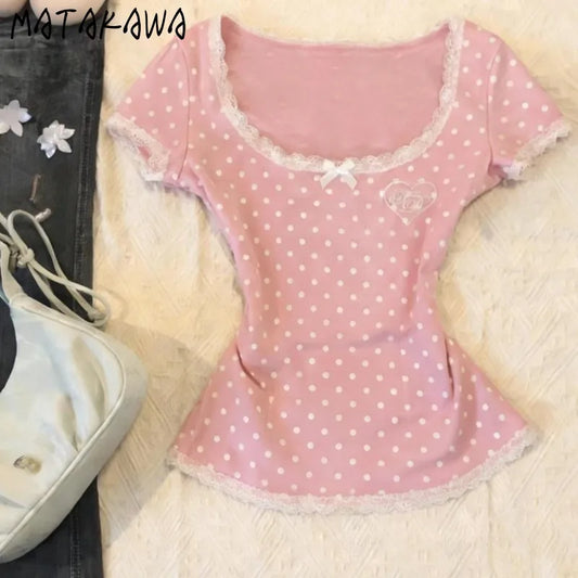 Matakawa Y2k Clothes T Shirt for Women Spring Summer Japanese Style Ropa De Mujer Polka Dot Vintage Sexy Short T-shirts