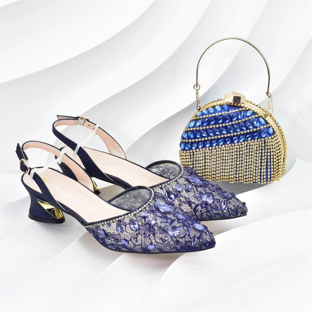 New Arrival African Wedding Shoes and Bag Set with Rhinestone Italian Design Shoes with Matching Bags Nigerian Lady Party Pumps