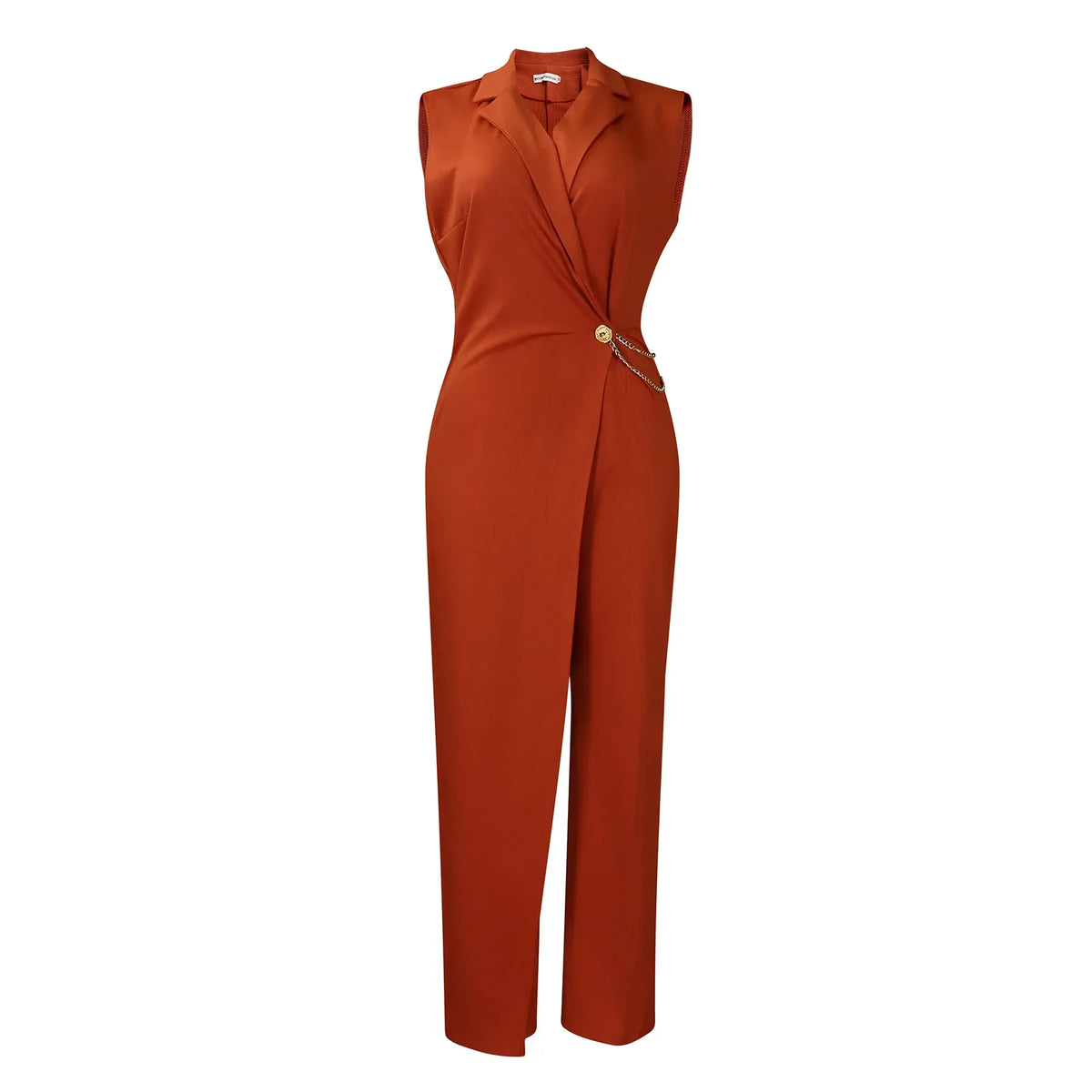 CM.YAYA Women Wide Leg V-Neck Sleeveless Jumpsuits Waist Chain 2024 Summer OL Beach Night Club Playsuit One Piece Suit Romper