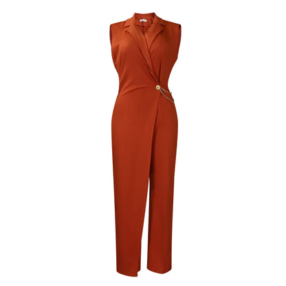 CM.YAYA Women Wide Leg V-Neck Sleeveless Jumpsuits Waist Chain 2024 Summer OL Beach Night Club Playsuit One Piece Suit Romper