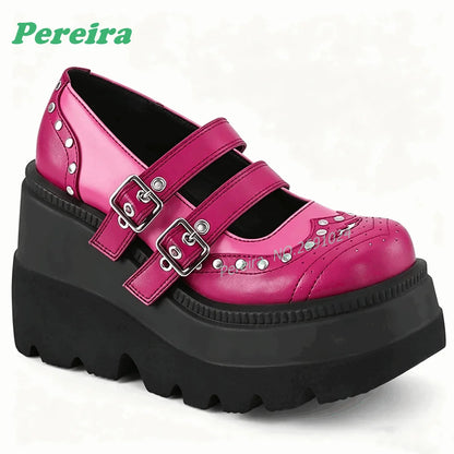 Pink Patchwork Multi-Buckled Ankle Boots Round Toe Gothic Thick Soled Shallow Women's Boots Autumn Summer Cutout Punk Shoes Sexy