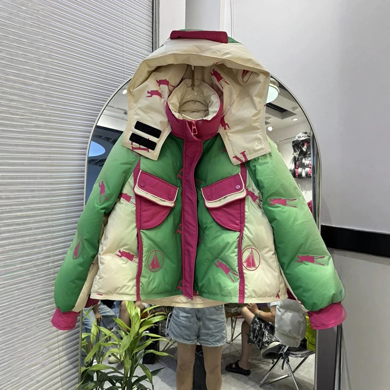 Winter Patchwork Hooded Parkas Jacket Women White Duck Down Puffer Thicken Jacket Women Double Pocket Loose Short Outwears Coat