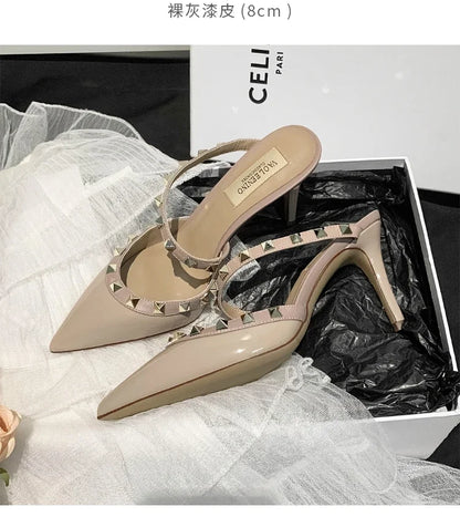 Heeled Sandals Summer Luxury Brand Rivets Women Slippers Fashion Leather Slingbacks Heels Slippers Designer Party Prom Shoes