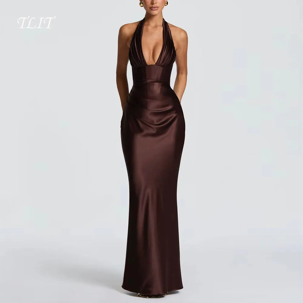 Lism Simple Satin Sheath Formal Evening Dress Women 2026 Halter Sleeveless Pleat Open Back Prom Dress Party Gowns Customized