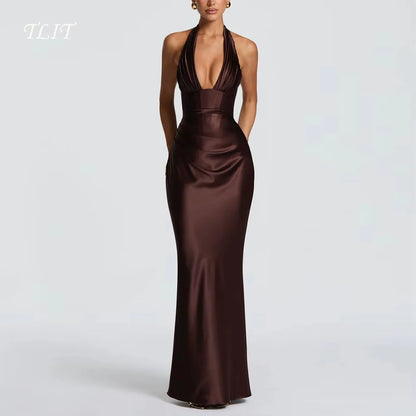 Lism Simple Satin Sheath Formal Evening Dress Women 2026 Halter Sleeveless Pleat Open Back Prom Dress Party Gowns Customized