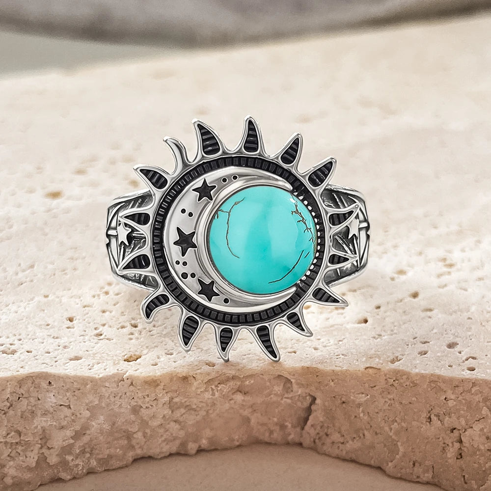 925 Sterling Silver Natural Moonstone Ring 8MM Bohemian Star Sun Moon Shape Ring Gothic Punk Style Party Gift for Women Men