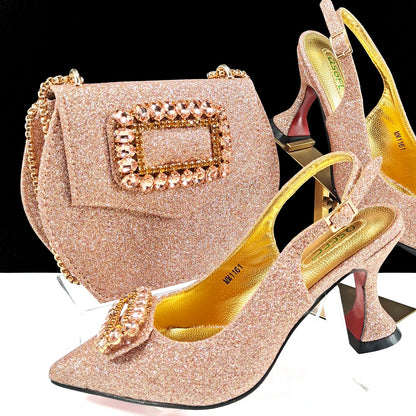New Arrival Mature Style Purple Color Party Wedding Pointed Toe High Heel Women Shoes and Bag Set Decorated With Rhinestoe