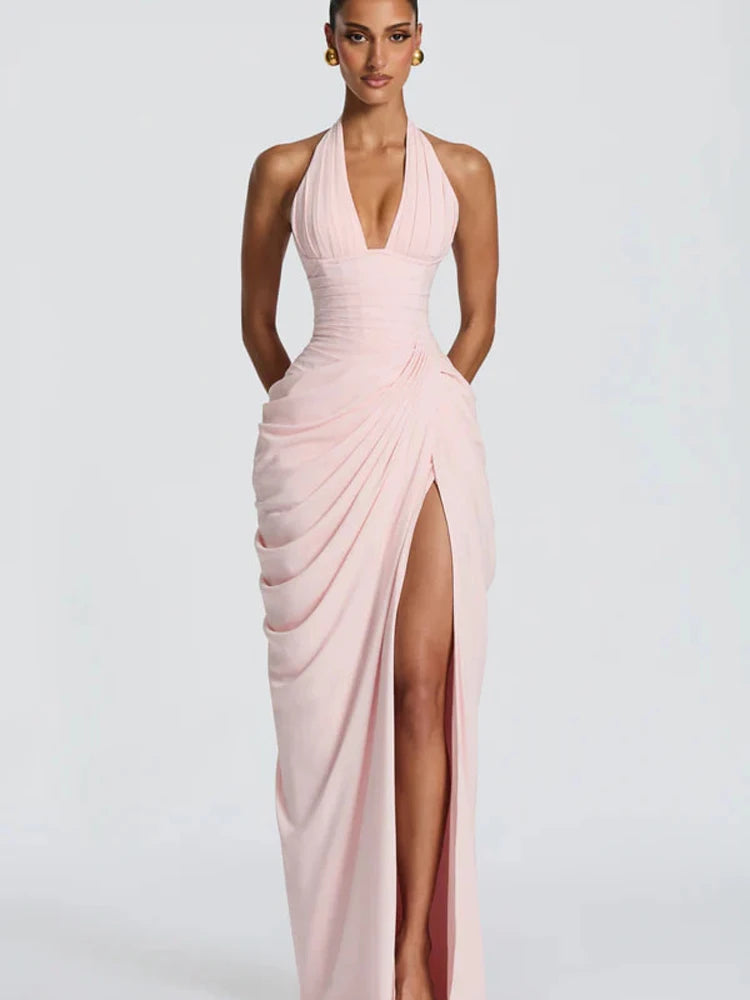 Sexy Solid Pleated Halter Dress Women Fashion Sleeveless Backless Waist-cinching Split Maxi Dresses 2026 Summer Lady Party Gowns