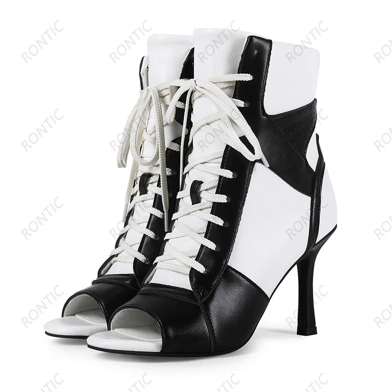 Rontic Women Red Black Color Block Peep Toe Ankle Booties, Lace Up Stiletto Heel Cutout Patchwork Fashion Open Toe Party Shoes