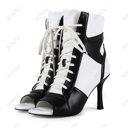 Rontic Women Red Black Color Block Peep Toe Ankle Booties, Lace Up Stiletto Heel Cutout Patchwork Fashion Open Toe Party Shoes