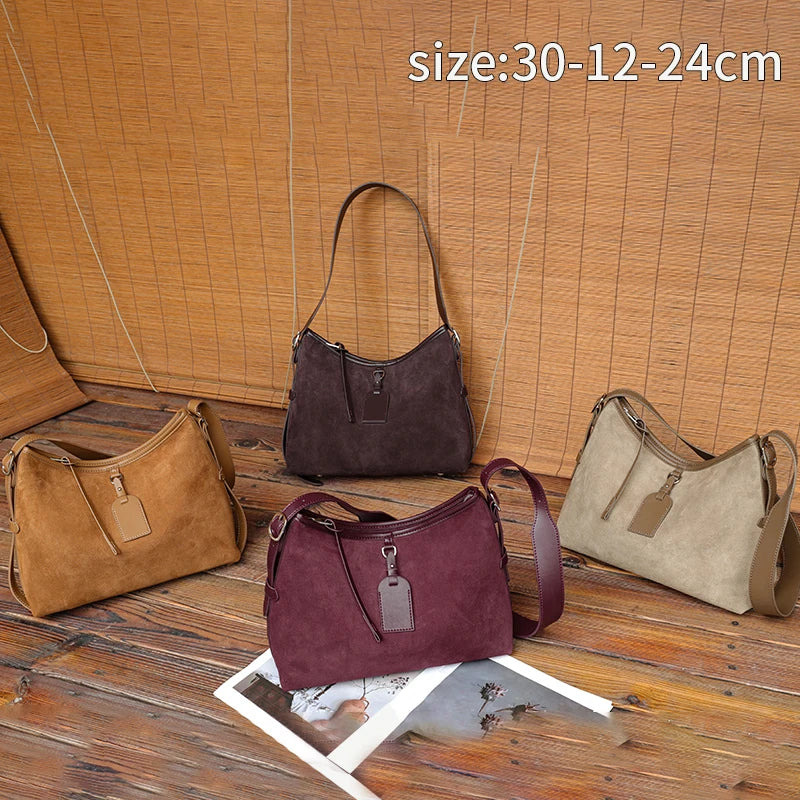 Winter Women's Natural Suede Leather Classic Underarm Bag Female Soft Cowhide Durable Handbags Ladies Luxury Designer Bags