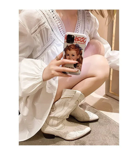 Vintage Square Head Thick Heel Cowboy Boot for Women Embroidered Western Cowboy Boots Side Zipper Shoes Autumn Pointed Boots