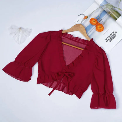 Spring, Summer, and Autumn Chiffon Lace Up Shirt, Shawl, Camisole, Thin Design, Sexy Solid Color, Loose Fit, Sweet Matching, Wed
