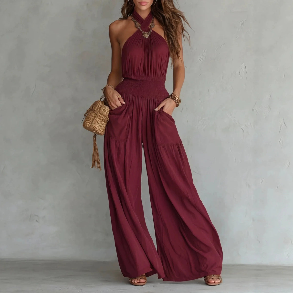 Retro Solid Women's Loose Wide Leg Jumpsuit Fashion Neck Hanging Design Sexy Backless Romper With Pocket Ladies Office Jumpsuits