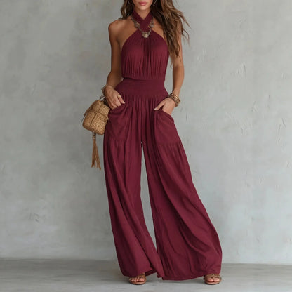 Retro Solid Women's Loose Wide Leg Jumpsuit Fashion Neck Hanging Design Sexy Backless Romper With Pocket Ladies Office Jumpsuits