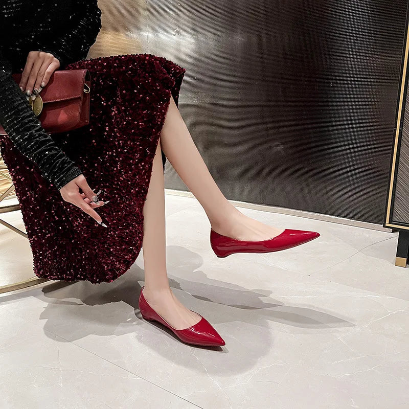 Ladies' inner height increase 3CM flat sole single shoe patent leather solid color versatile casual shallow mouth single shoe