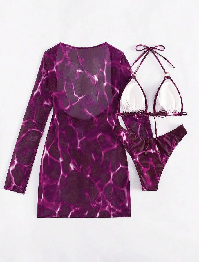 3 Piece Bikini Set Women Swimsuit Halter Cutout Metal Ring Mesh Cover Up Beach Dress Swimwear Bathing Suit