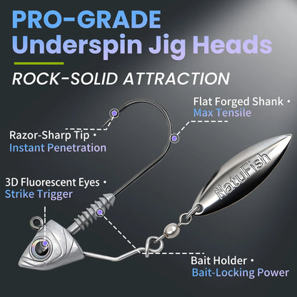 FishTrip 6-Pack Underspin Jig Heads Hook,  with Brass Blade Fishing Hook for Bass & Saltwater Fishing