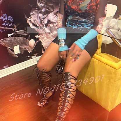 Lace-up Over The Knee Gladiator Sandals Women Fashion White Strappy Square Toe High Heels Sandals Sexy Bold Party Street Style