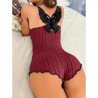 Women Ribbed Knit Bodysuit Lace Trim V Neck Sleeveless Backless High Cut One Piece Loungewear Sleepwear Home Bedroom Night Wear