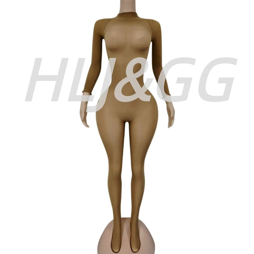 HLJ&GG Sexy Mesh See Through Bodycon Jumpsuits And Bodysuits Suits Women Long Sleeve Stretchy Playsuits Party Night Club Overall