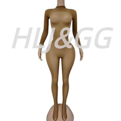 HLJ&GG Sexy Mesh See Through Bodycon Jumpsuits And Bodysuits Suits Women Long Sleeve Stretchy Playsuits Party Night Club Overall