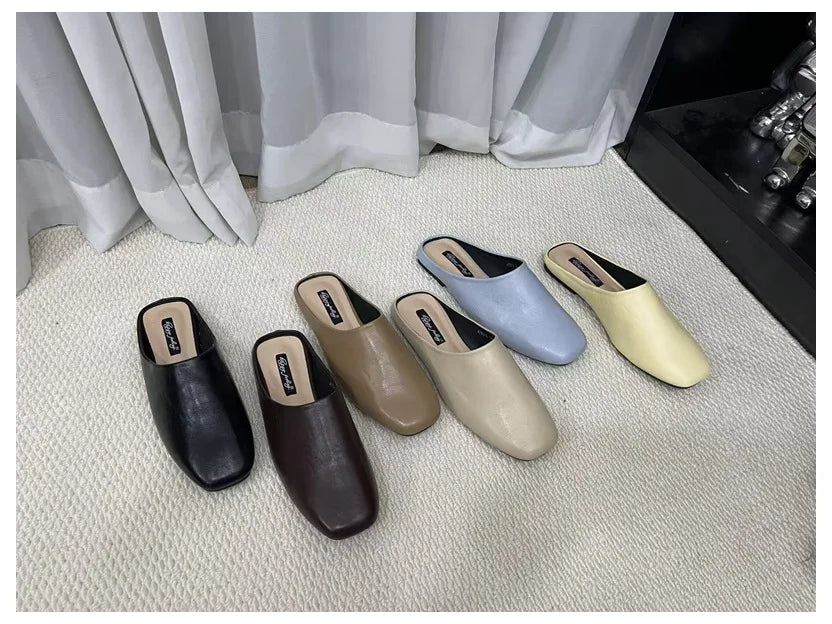 Fashion Square Toe Flat Slippers Women Casual Slip On Mule Luxury Brand Outsides Slides Elegant Pleated Ladies Shoes Sandal Flip